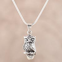 Magnificent Owl, Sterling Silver Owl Pendant Necklace from India
