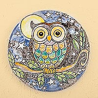 Whimsical Owl, Owl Under Night Sky Colorful Ceramic Decorative Plate