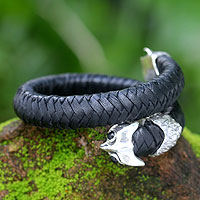 Unblinking Owl, Men's Owl Obsidian and Leather Braided Wrap Bracelet