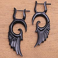 Owl's Wings, Hand-Carved Horn Wing Drop Earrings from Bali