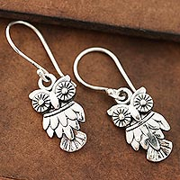 Night Vision, Sterling Silver Owl Dangle Earrings from India