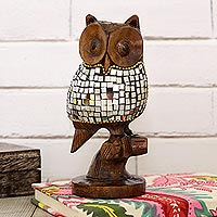Glimmering Owl, Wood and Glass Owl Sculpture from India (6 Inch)