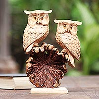Romantic Owls, Hand Carved Jempinis and Benalu Wood Owl Sculpture