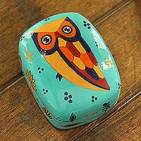 Owl Story in Teal, Decorative Papier Mache Owl-Motif Box