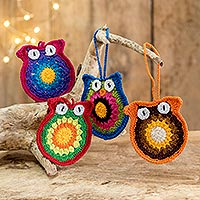 Festive Owls, Artisan Hand-Crocheted Ornaments (set of 4)