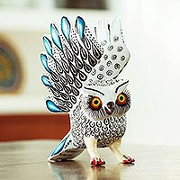 Frosty Owl, Blue Tipped White and Black Owl Alebrije Figure from Oaxaca