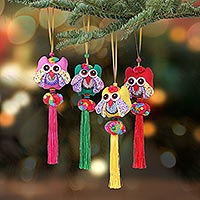 Happy Thai Owls, Handcrafted Cotton-Blend Owl Ornaments (Set of 4)
