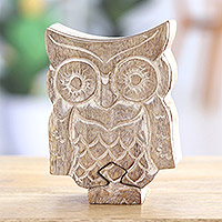 'Perched at Midnight', Handmade Owl-Themed Wood Puzzle Box from India