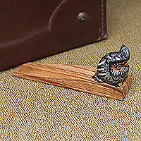Delightful Owl, Hand-Carved and Hand-Painted Owl Wood Door Stopper from Bali