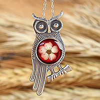 Sage's Romance, Owl-Themed Red Flower Sterling Silver Pendant Necklace