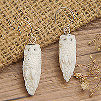 Angelical Owl, Hand-Carved Owl Dangle Earrings with Silver Hooks from Bali