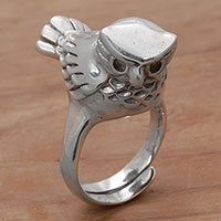 Perched Owl, Artisan Crafted Sterling Silver Owl Cocktail Ring from Bali
