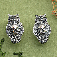 Eternal Owl, Owl and Skull-Themed Sterling Silver Button Earrings