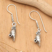 Night Sage, Oxidized and Polished Owl-Shaped Dangle Earrings from Bali