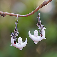 Mysticism of Love, Moon and Owl-Themed Natural Garnet Dangle Earrings from Bali