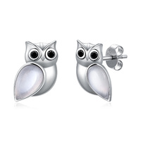 Owl Stud Earrings Animal Moonstone Jewelry in 925 Sterling Silver