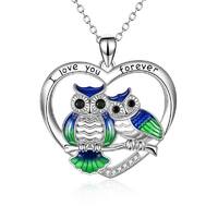 Owl  Pendant Necklace in White Gold Plated Sterling Silver