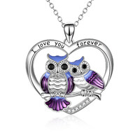 Heart Owl  Pendant Necklace in White Gold Plated Sterling Silver