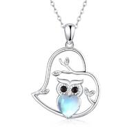 925 Sterling Silver Moonstone Owl Heart Pendant Necklace For Women Jewelry
