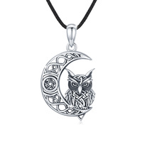 925 Silver Owl Oxide Treatment Celtic Crescent Moon Necklace