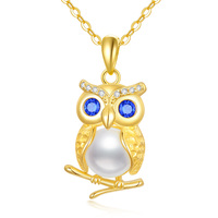 14K Gold Plated 925 Sterling Silver Freshwater Pearl Owls Pendant Necklace