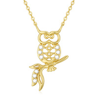 9K Yellow Gold Owl Necklace with Zircon for Women 16+1+1 inches
