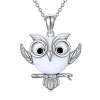 925 Sterling Silver Owl Necklace Whit White Opal