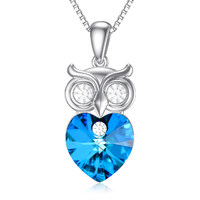 Owl Necklace Sterling Sliver Blue Heart Crystal Owl Necklace Jewelry Gift for Teen Girl Mom Women Wi