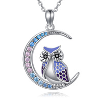 Owl Cresent Moon Pendant Necklace in Sterling Silver