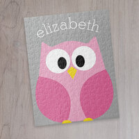 Cute Cartoon Owl - Pink and Gray Custom Name Jigsaw Puzzle