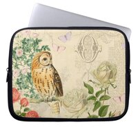 Floral vintage owl laptop sleeve with roses