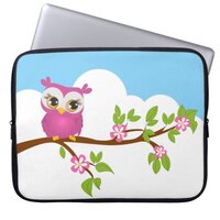 Cute Owl Girl on a Branch Laptop Sleeve
