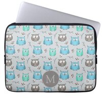 Cute Blue Grey Owl Pattern Monogram Laptop Sleeve