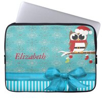 Silver Snowflakes Cute Owl-Personalized Laptop Sleeve