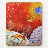 Gold Winter Woodland Rabbit Owl Watercolor Mouse Pad