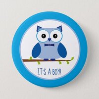 It's a Boy - Blue Owl Baby Shower Gender Reveal Pinback Button