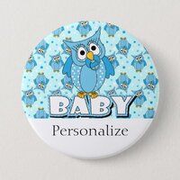 Blue Polka Dot Owl Baby Boy Button
