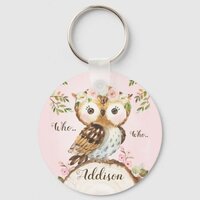 Floral Crown Owl Personalized Key Ring