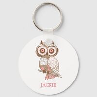 Cute Pink Whimsical Owl Personalized Keychain