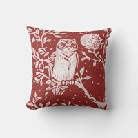 Owl Brick Red Woodland Moon Nature Throw Pillow