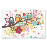 Cute Owls colourful floral hearts background Photo Print