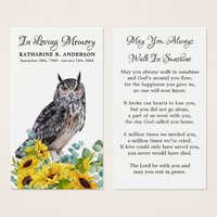 Memorial Funeral Prayer Card Owl Sunflowers