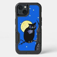 Staring Black Owl Blue Eyes in Tree Moon Stars iPhone 13 Case