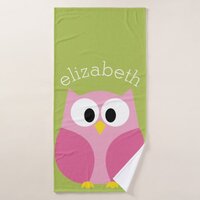 Cute Cartoon Owl - Pink and Lime Green Bath Towel