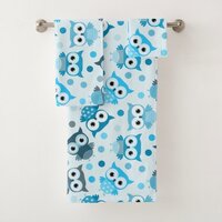 Cute cyan colorful owl pattern bath towel set
