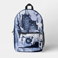 Moody Vintage Owls Navy and Blue Monogram Printed Backpack