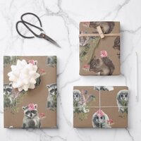 Rustic Kraft Woodland Baby Racoon Squirrel Owl Wrapping Paper Sheets