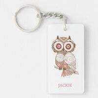 Cute Pink Whimsical Owl Personalized Keychain