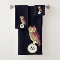 Rustic Watercolor Owl Monogram Name Navy Blue Bath Towel Set