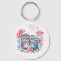 Owls in Love Sitting on a Tree Branch Keychain